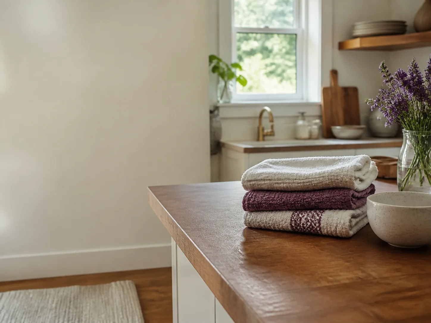 Folded towels on a wooden kitchen island in a light, well-kept kitchen
